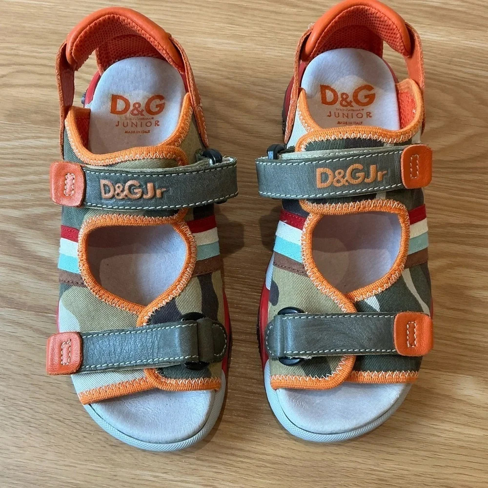 D&G Junior Sandals Camouflage Stripe Print Orange and Green Size 36